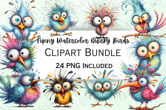 Funny Watercolor Quirky Birds Clipart: A Playful Addition to Creative Projects
